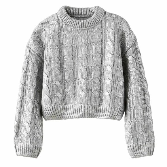 NWOT Zara Girls 13-14 Silver Cropped Cableknit Sweater - Picture 1 of 11
